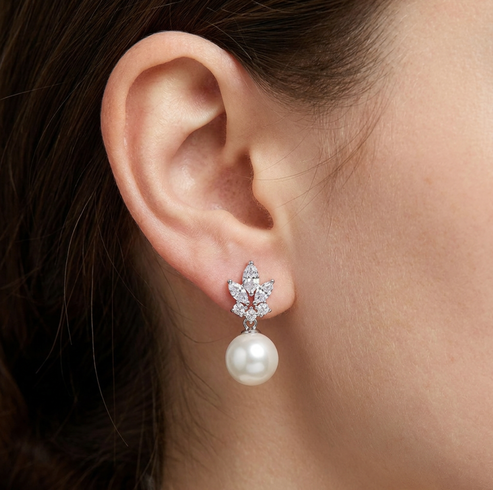 Leaf Marquise Zircon & Pearl Dangle Earrings