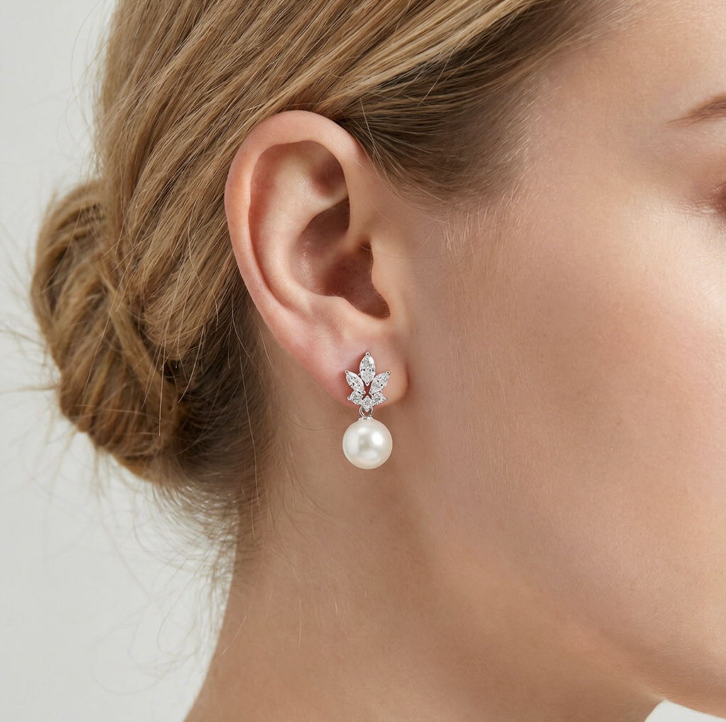Leaf Marquise Zircon & Pearl Dangle Earrings