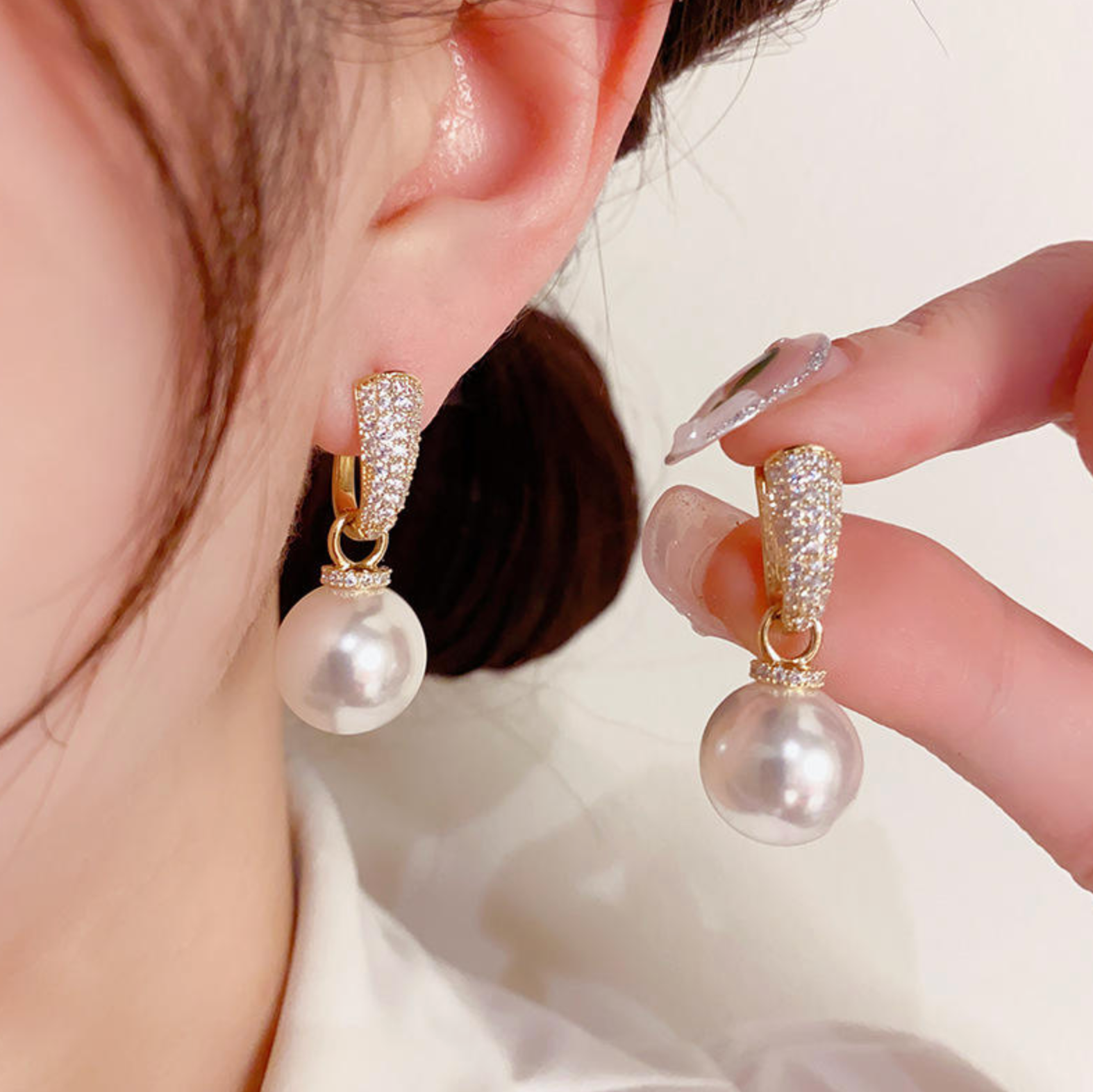 Sparkling CZ Pearl Huggie Hoop Earrings