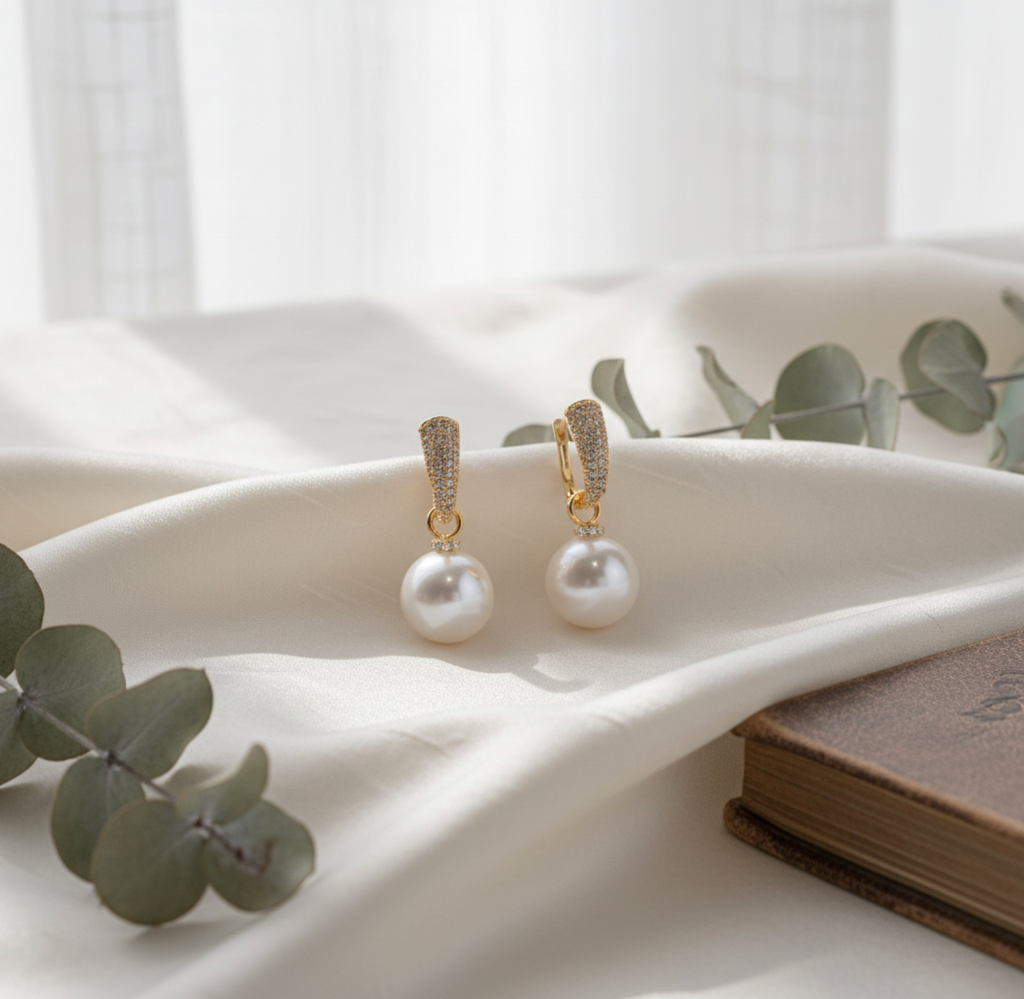 Sparkling CZ Pearl Huggie Hoop Earrings