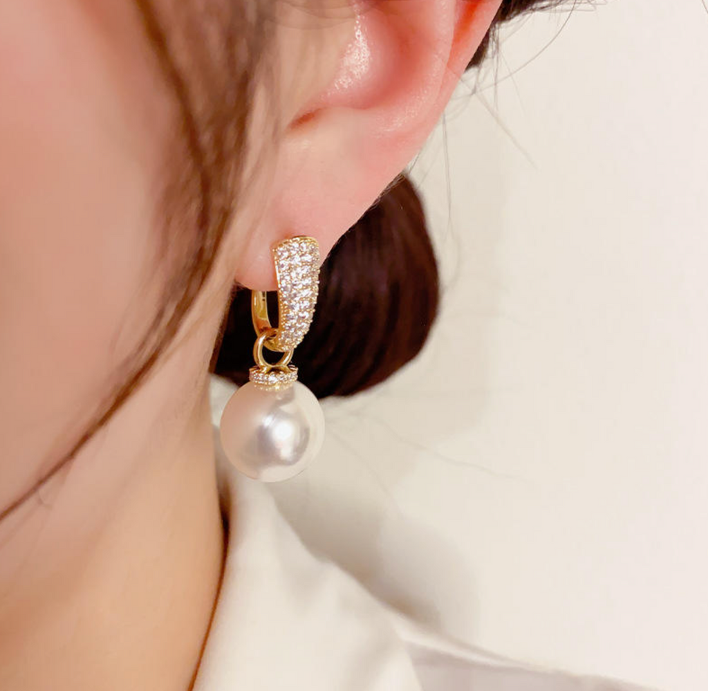 Sparkling CZ Pearl Huggie Hoop Earrings