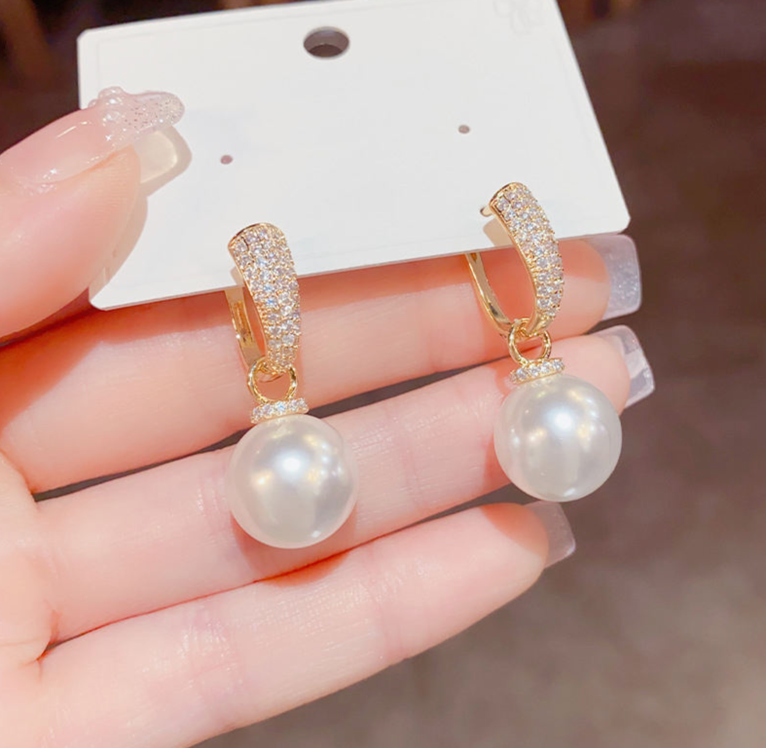 Sparkling CZ Pearl Huggie Hoop Earrings